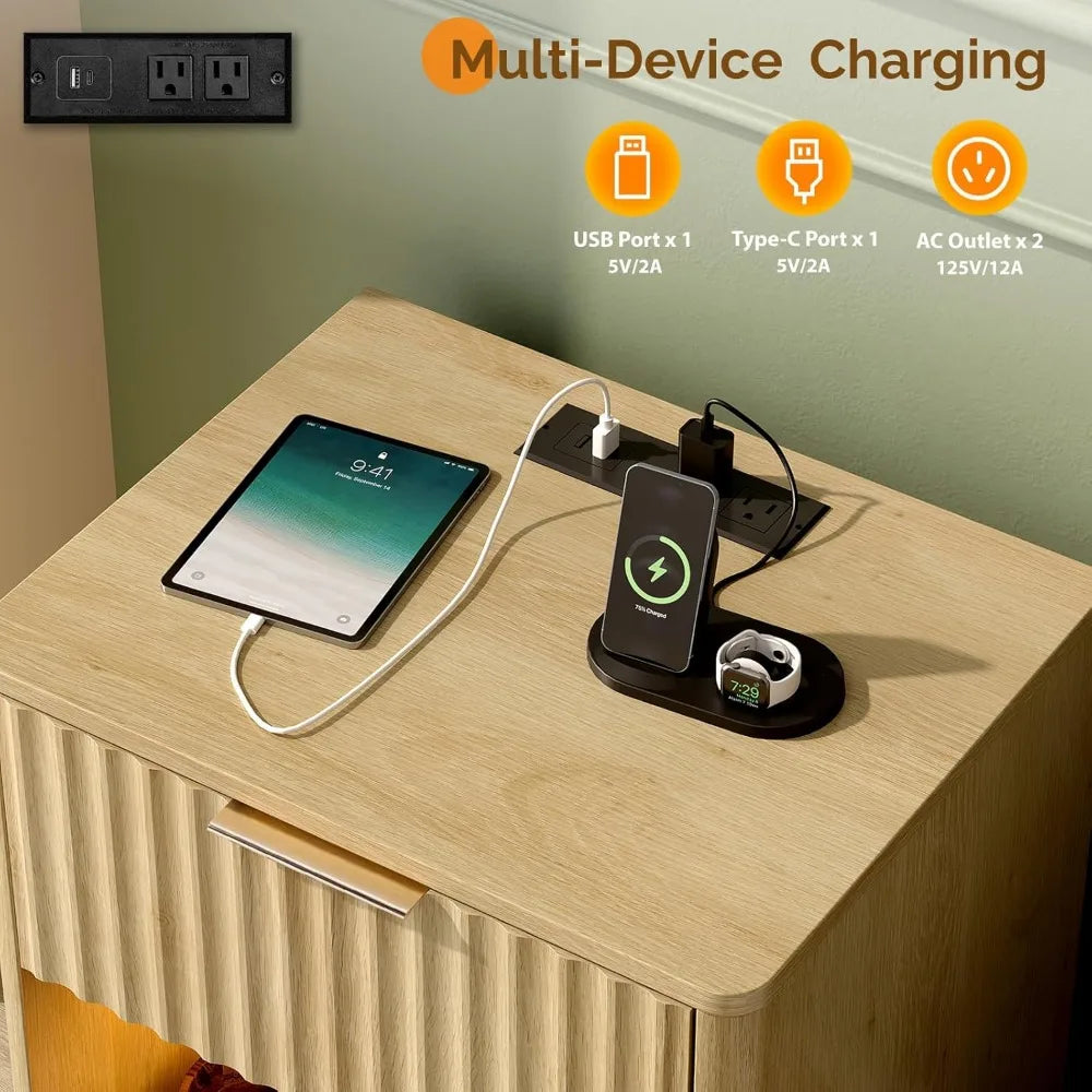 Mid Century Modern Nightstands Pair with Charging Station and LED Lighting, Fluted Design with Rounded Edges