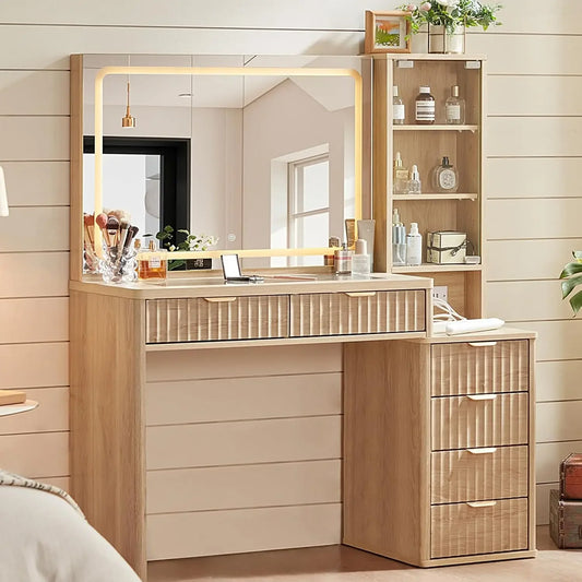 Modern Vanity Desk with LED Mirror & Storage Drawers