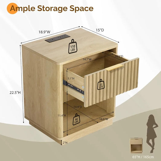 Mid Century Modern Nightstands Pair with Charging Station and LED Lighting, Fluted Design with Rounded Edges